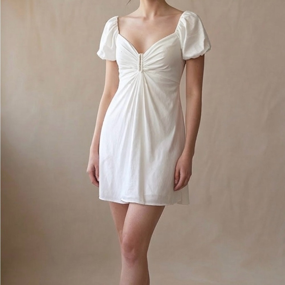 White Linen blend Babydoll Mini Dress Puff Sleeve Off Shoulder ALC Size 6
